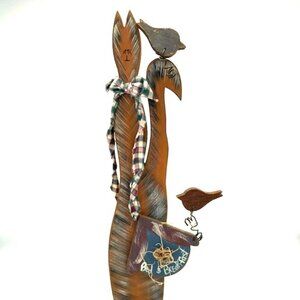 Vintage Wood Cat & Birds Figure "Bed & Breakfast" Hand Painted Farmhouse Rustic